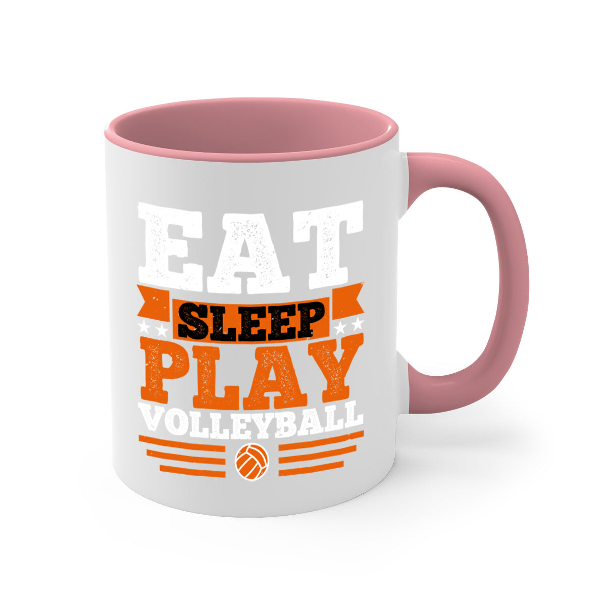 Eat Sleep Play Volleyball Mug with colorful handle and glossy finish, available in multiple colors and sizes.