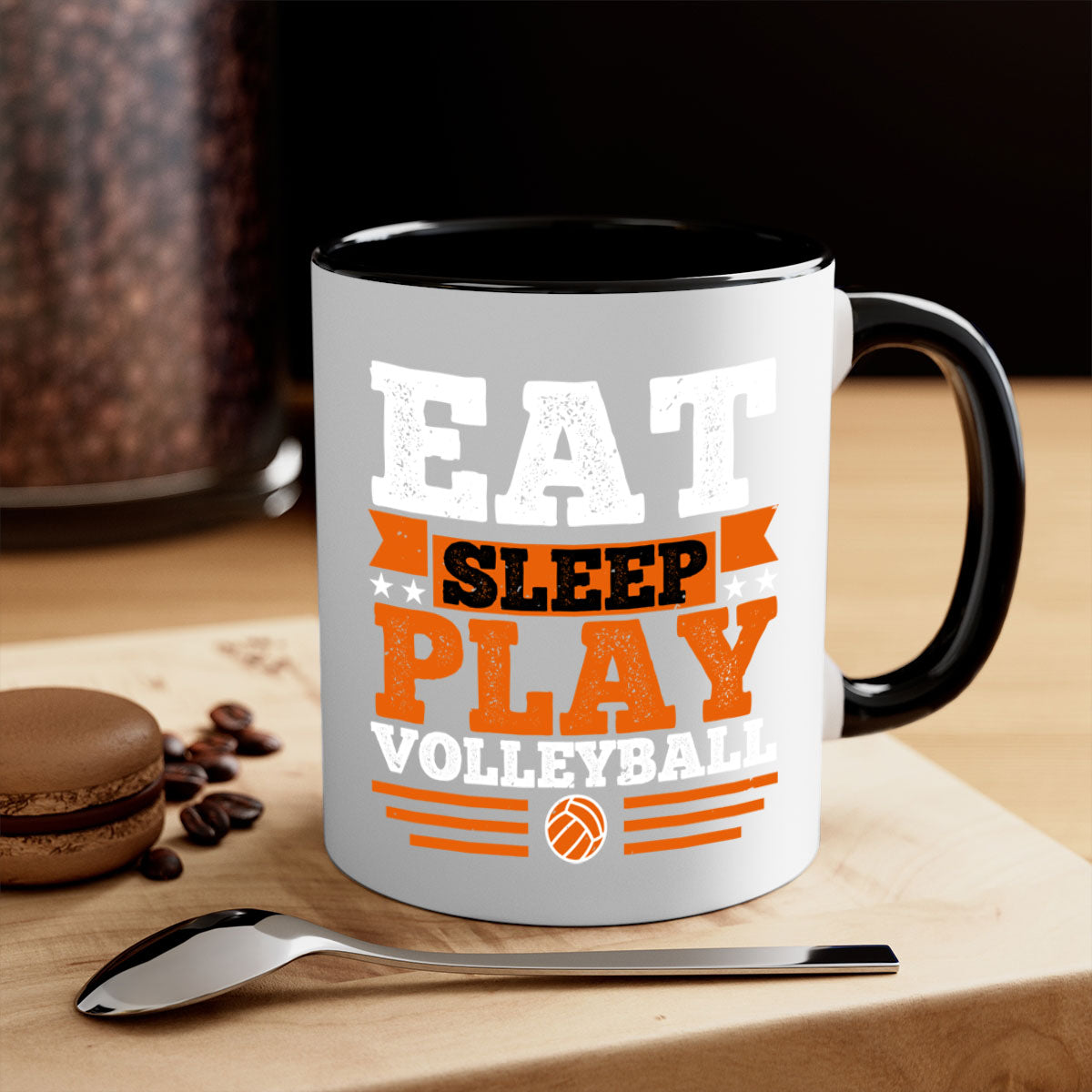 Eat Sleep Play Volleyball Mug with colorful handle and glossy finish, available in multiple colors and sizes.