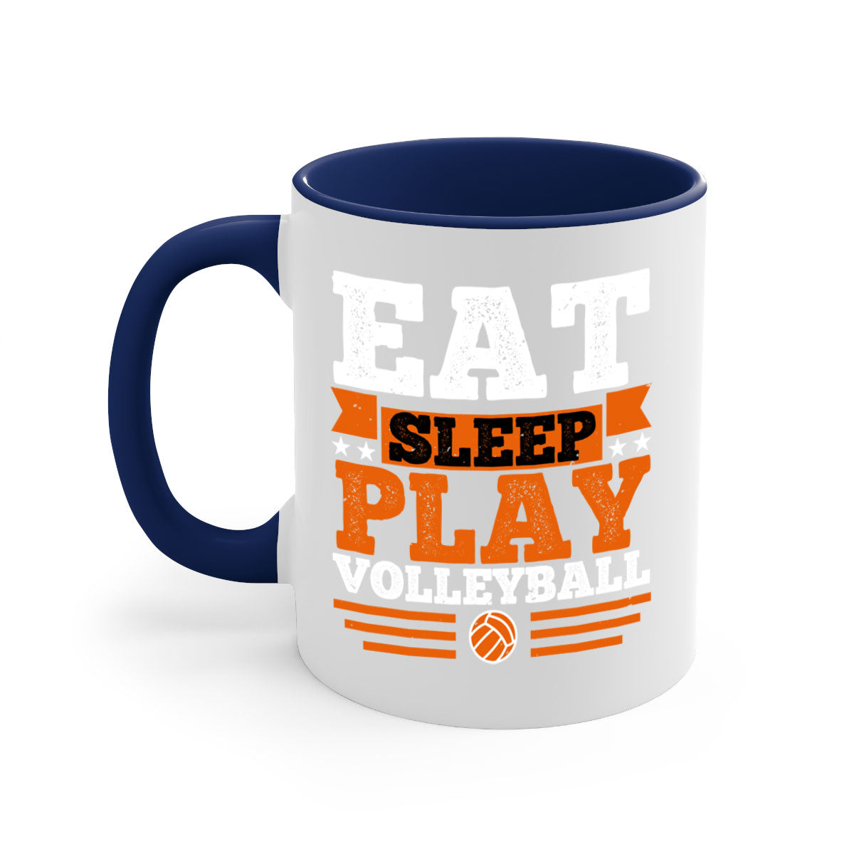 Eat Sleep Play Volleyball Mug with colorful handle and glossy finish, available in multiple colors and sizes.