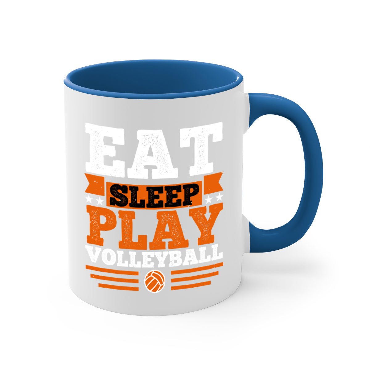 Eat Sleep Play Volleyball Mug with colorful handle and glossy finish, available in multiple colors and sizes.