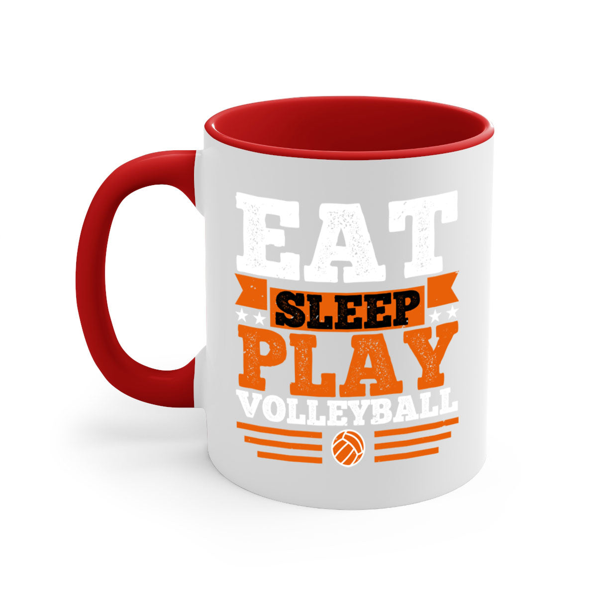 Eat Sleep Play Volleyball Mug with colorful handle and glossy finish, available in multiple colors and sizes.