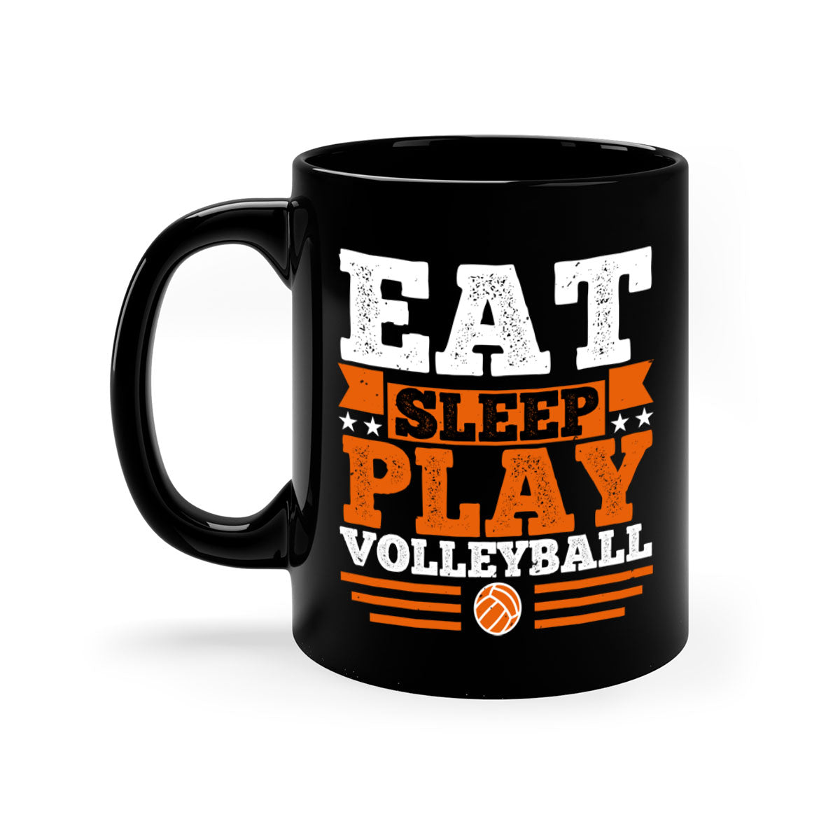 Eat Sleep Play Volleyball Mug with colorful handle and glossy finish, available in multiple colors and sizes.