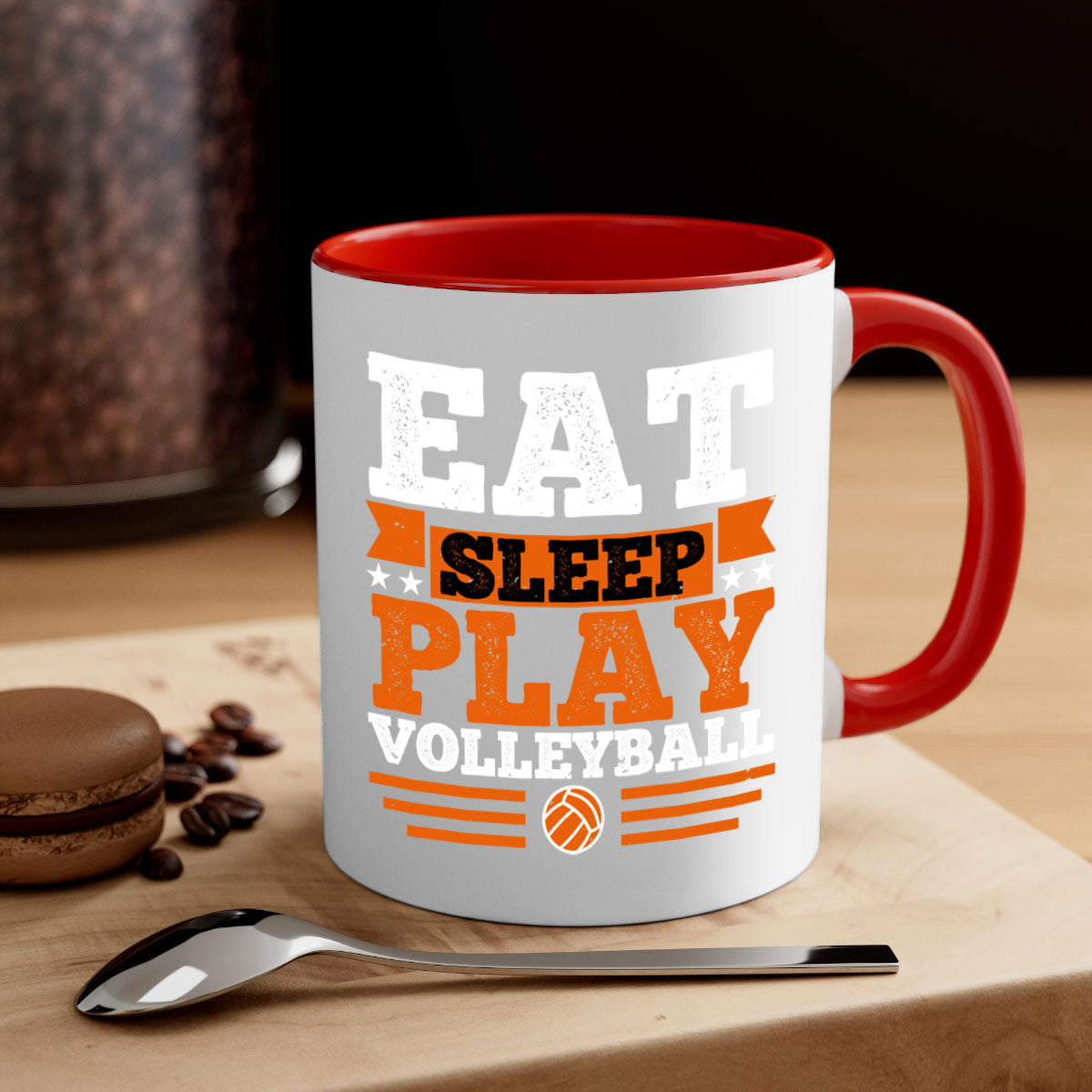 Eat Sleep Play Volleyball Mug with colorful handle and glossy finish, available in multiple colors and sizes.