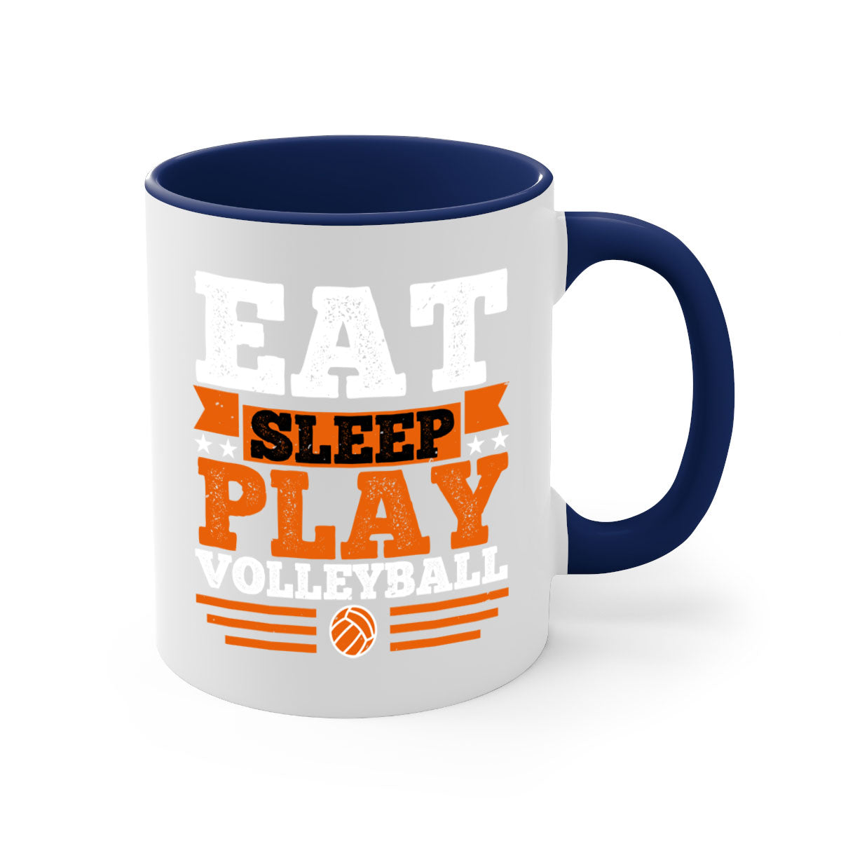 Eat Sleep Play Volleyball Mug with colorful handle and glossy finish, available in multiple colors and sizes.