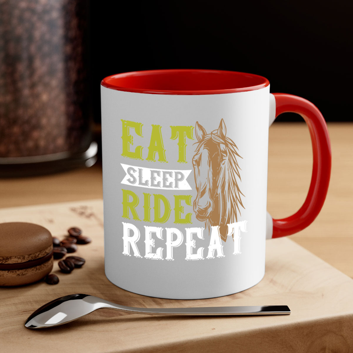 Eat Sleep Ride Repeat Style 7# Mug with a glossy finish and colored handle, available in multiple colors.