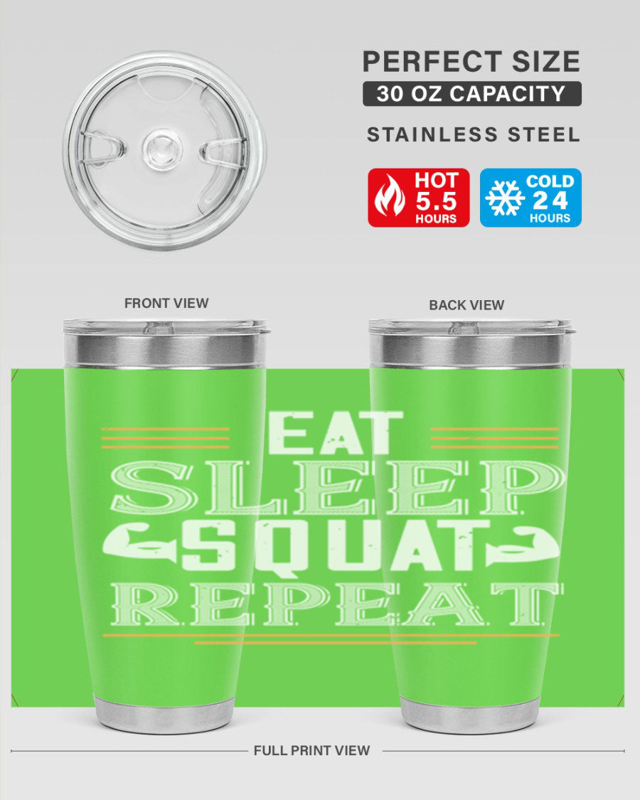 Eat Sleep Squat Repeat 58# gym tumbler in stainless steel with a motivational design, perfect for fitness enthusiasts.