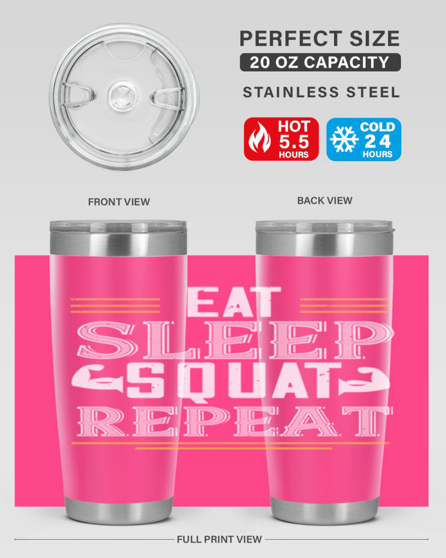Eat Sleep Squat Repeat 58# gym tumbler in stainless steel with a motivational design, perfect for fitness enthusiasts.
