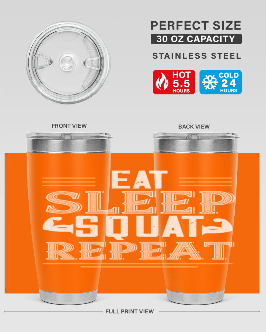 Eat Sleep Squat Repeat 58# gym tumbler in stainless steel with a motivational design, perfect for fitness enthusiasts.