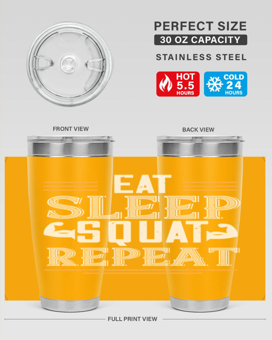 Eat Sleep Squat Repeat 58# gym tumbler in stainless steel with a motivational design, perfect for fitness enthusiasts.