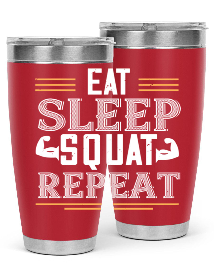 Eat Sleep Squat Repeat 58# gym tumbler in stainless steel with a motivational design, perfect for fitness enthusiasts.