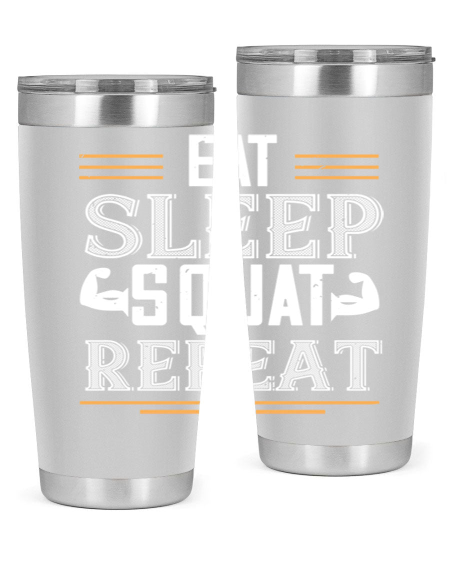 Eat Sleep Squat Repeat 58# gym tumbler in stainless steel with a motivational design, perfect for fitness enthusiasts.