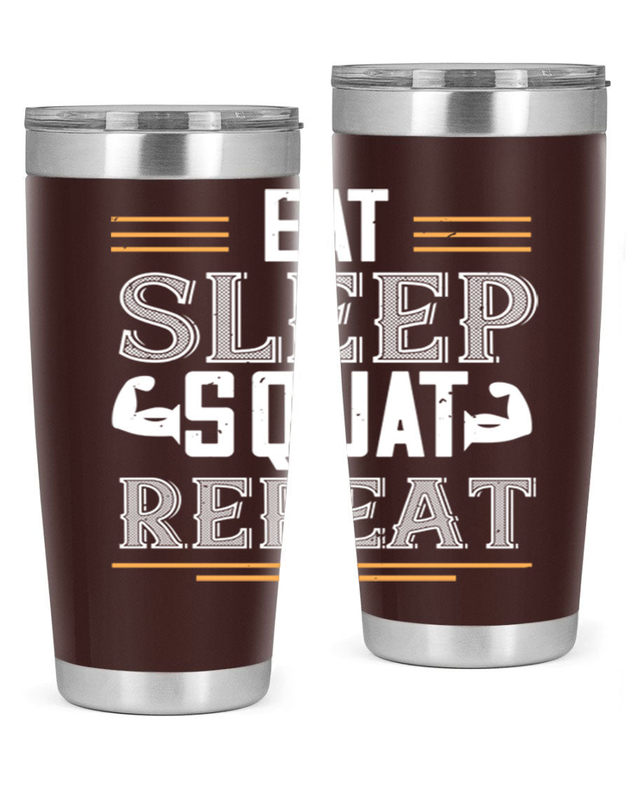 Eat Sleep Squat Repeat 58# gym tumbler in stainless steel with a motivational design, perfect for fitness enthusiasts.
