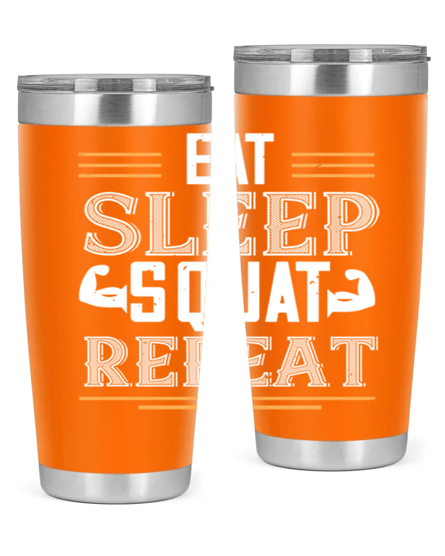Eat Sleep Squat Repeat 58# gym tumbler in stainless steel with a motivational design, perfect for fitness enthusiasts.