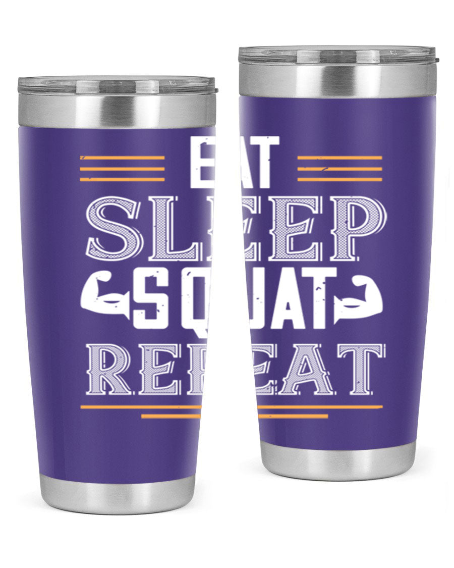 Eat Sleep Squat Repeat 58# gym tumbler in stainless steel with a motivational design, perfect for fitness enthusiasts.