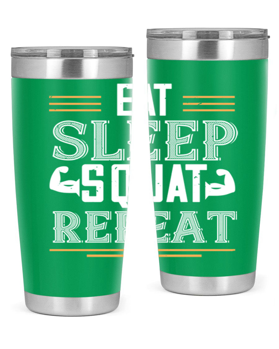 Eat Sleep Squat Repeat 58# gym tumbler in stainless steel with a motivational design, perfect for fitness enthusiasts.