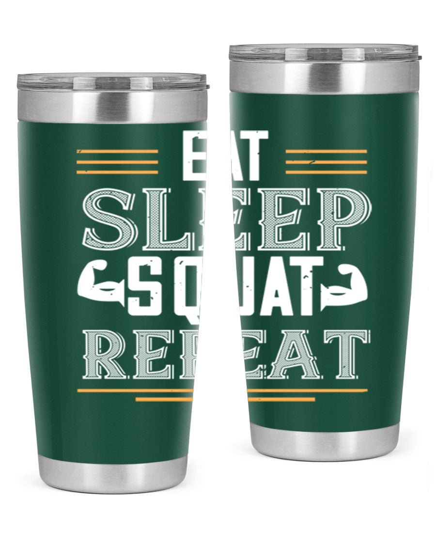 Eat Sleep Squat Repeat 58# gym tumbler in stainless steel with a motivational design, perfect for fitness enthusiasts.