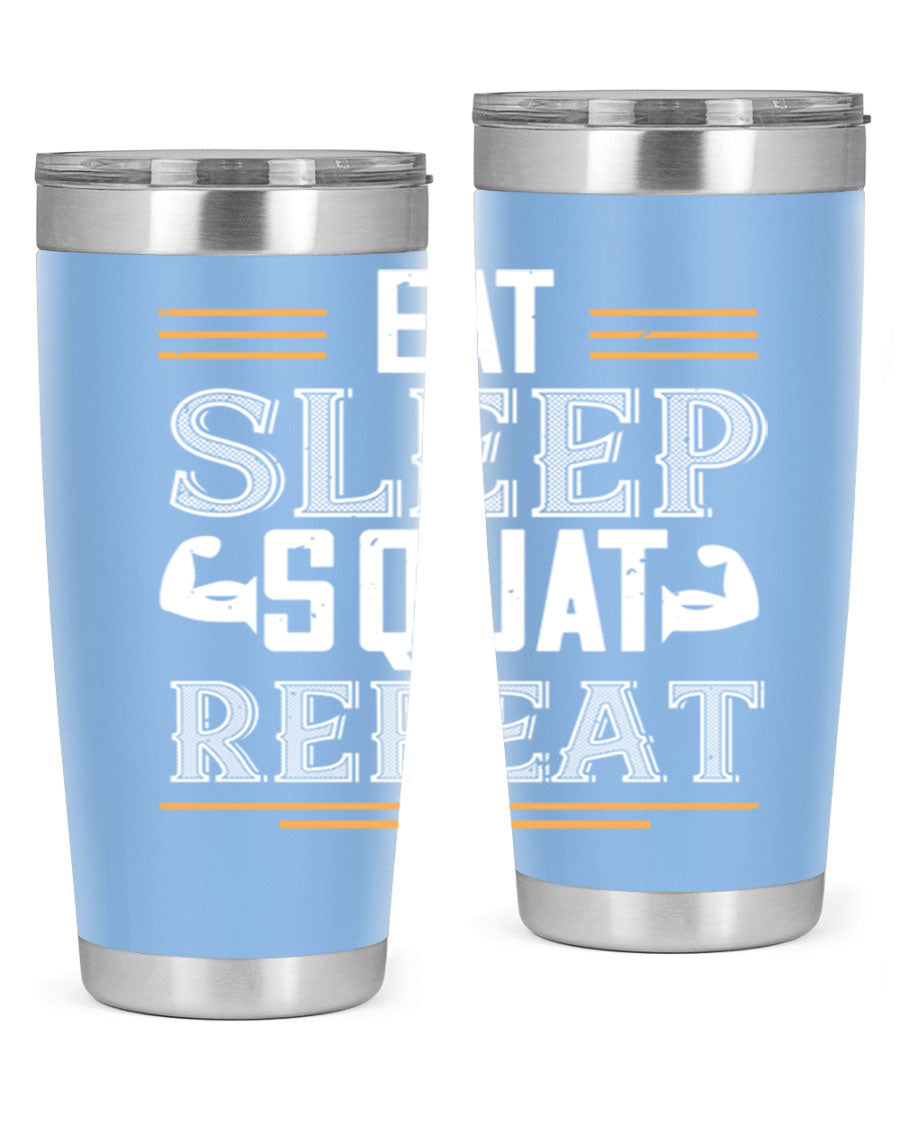 Eat Sleep Squat Repeat 58# gym tumbler in stainless steel with a motivational design, perfect for fitness enthusiasts.