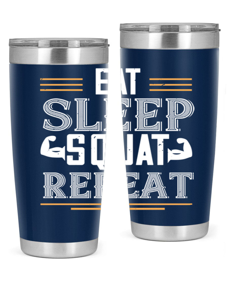 Eat Sleep Squat Repeat 58# gym tumbler in stainless steel with a motivational design, perfect for fitness enthusiasts.