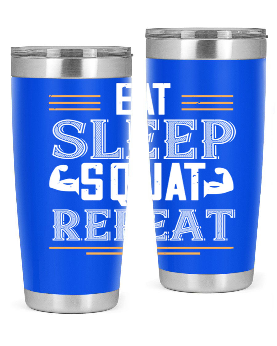 Eat Sleep Squat Repeat 58# gym tumbler in stainless steel with a motivational design, perfect for fitness enthusiasts.