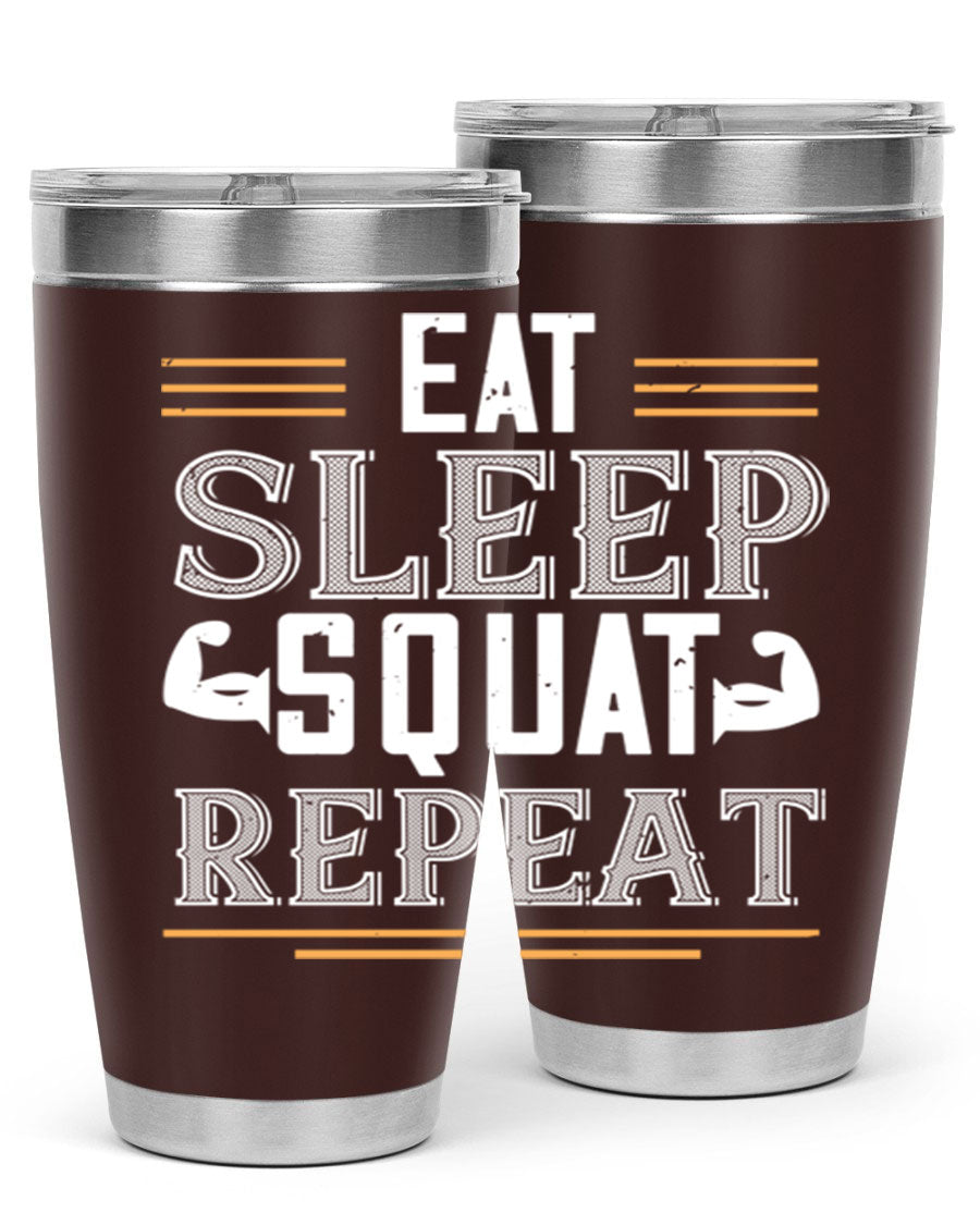 Eat Sleep Squat Repeat 58# gym tumbler in stainless steel with a motivational design, perfect for fitness enthusiasts.
