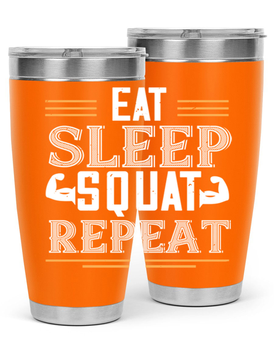 Eat Sleep Squat Repeat 58# gym tumbler in stainless steel with a motivational design, perfect for fitness enthusiasts.