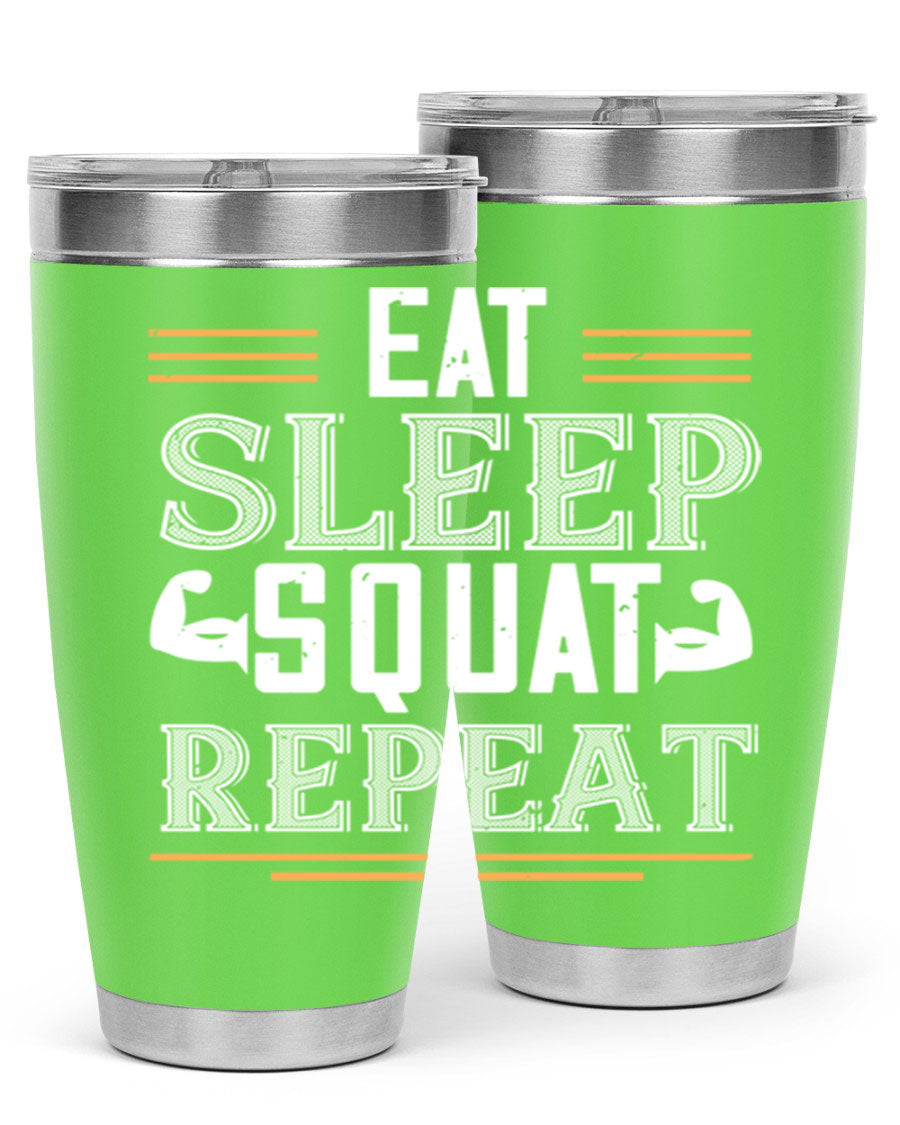 Eat Sleep Squat Repeat 58# gym tumbler in stainless steel with a motivational design, perfect for fitness enthusiasts.