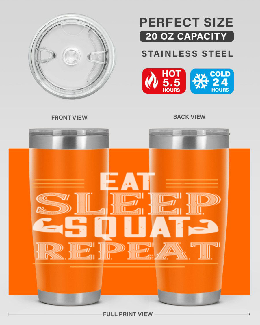 Eat Sleep Squat Repeat 58# gym tumbler in stainless steel with a motivational design, perfect for fitness enthusiasts.