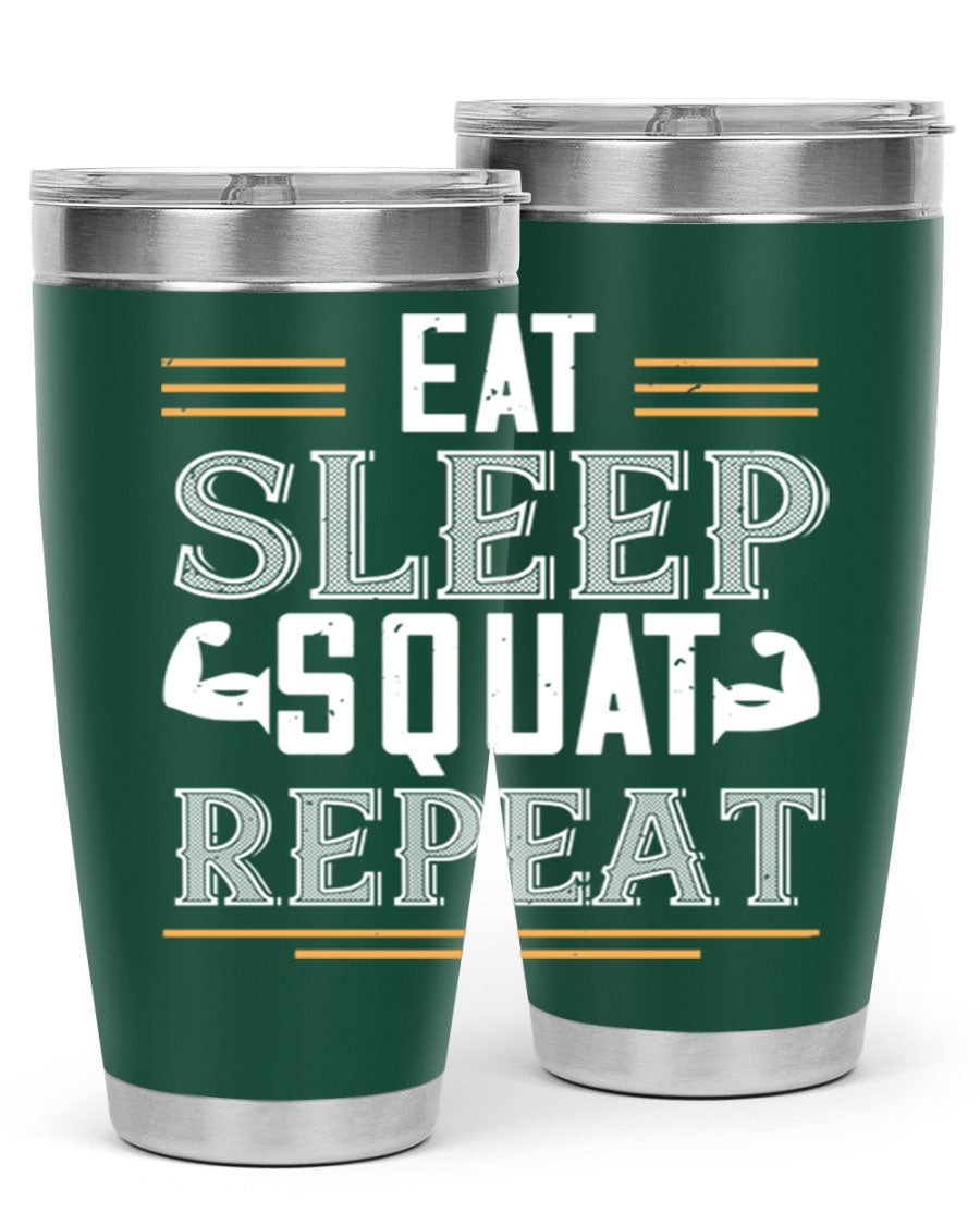 Eat Sleep Squat Repeat 58# gym tumbler in stainless steel with a motivational design, perfect for fitness enthusiasts.