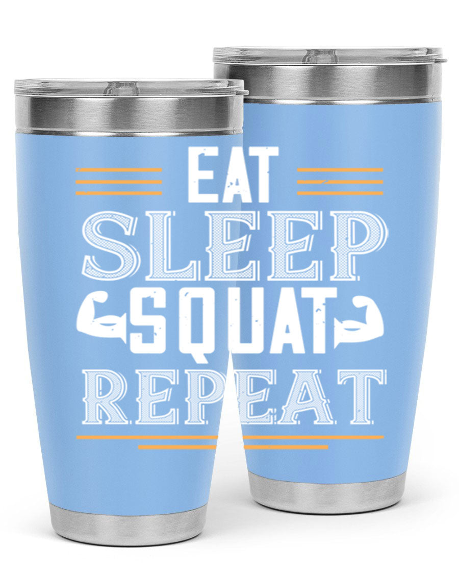 Eat Sleep Squat Repeat 58# gym tumbler in stainless steel with a motivational design, perfect for fitness enthusiasts.