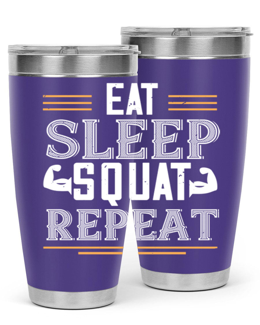 Eat Sleep Squat Repeat 58# gym tumbler in stainless steel with a motivational design, perfect for fitness enthusiasts.