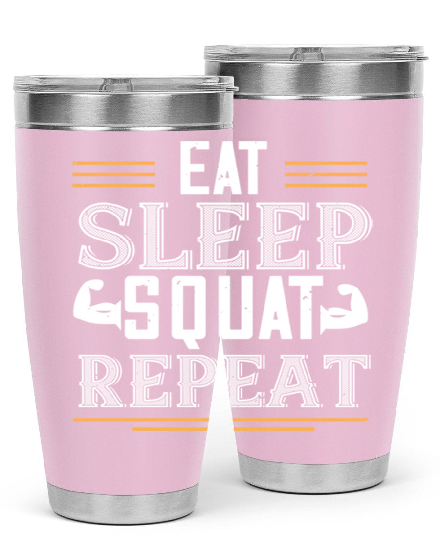 Eat Sleep Squat Repeat 58# gym tumbler in stainless steel with a motivational design, perfect for fitness enthusiasts.