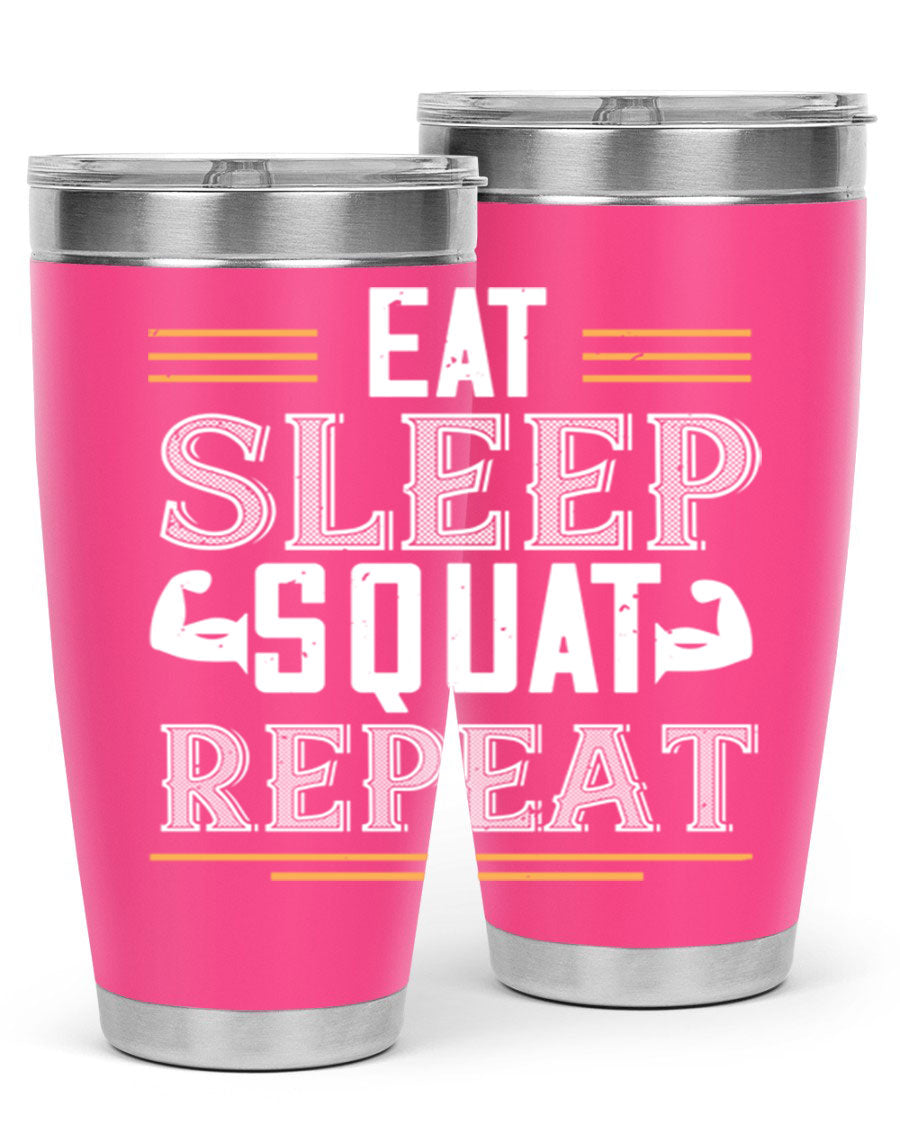 Eat Sleep Squat Repeat 58# gym tumbler in stainless steel with a motivational design, perfect for fitness enthusiasts.