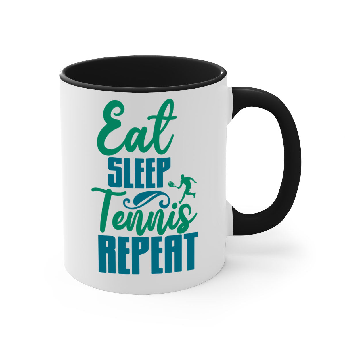 Eat Sleep Tennis Repeat Mug with colored handle and glossy finish, available in multiple colors and sizes.