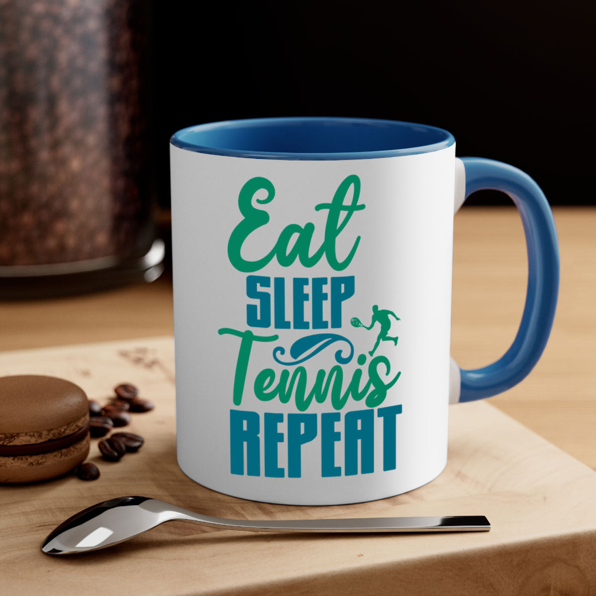 Eat Sleep Tennis Repeat Mug with colored handle and glossy finish, available in multiple colors and sizes.