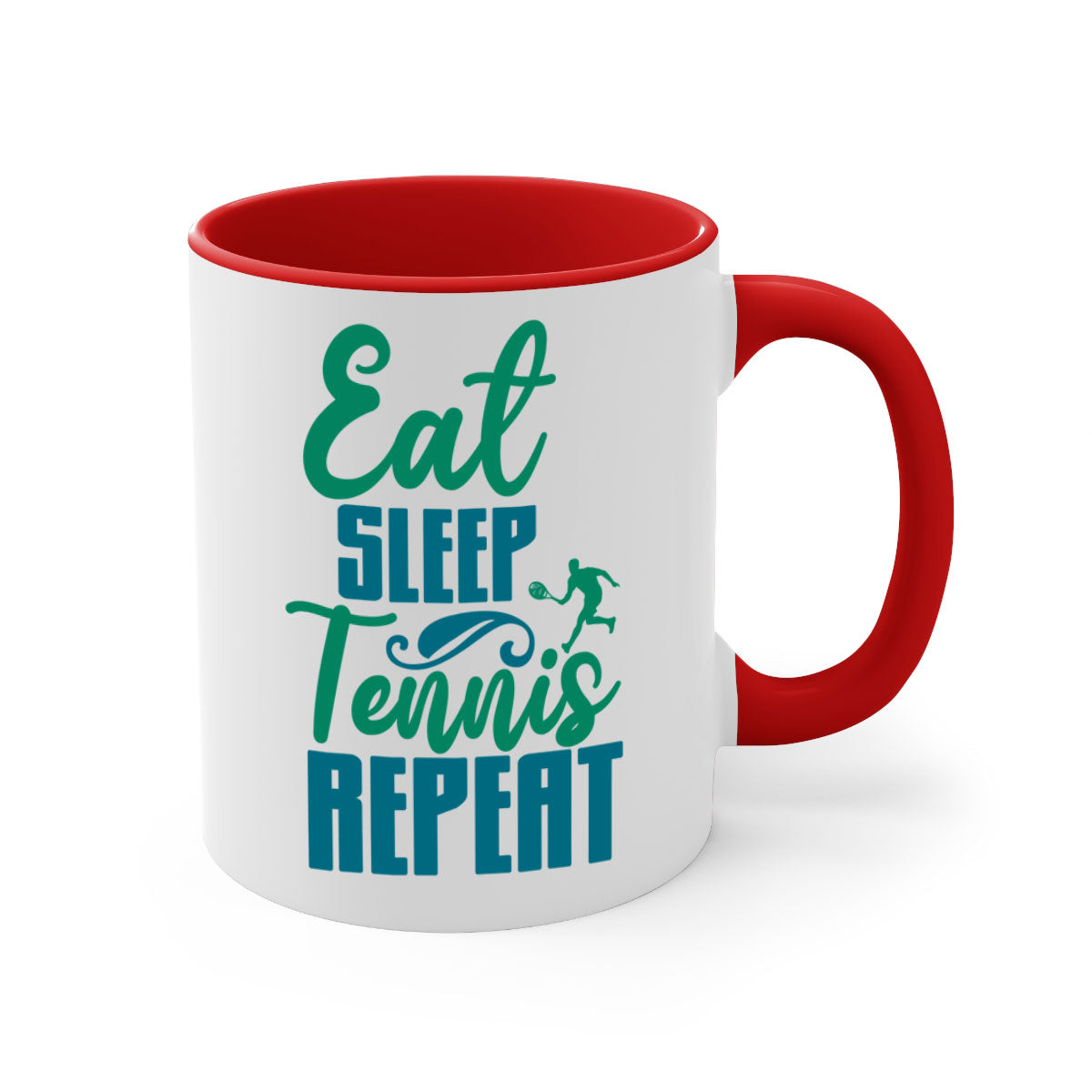 Eat Sleep Tennis Repeat Mug with colored handle and glossy finish, available in multiple colors and sizes.