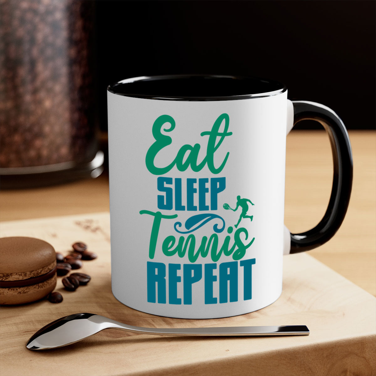 Eat Sleep Tennis Repeat Mug with colored handle and glossy finish, available in multiple colors and sizes.
