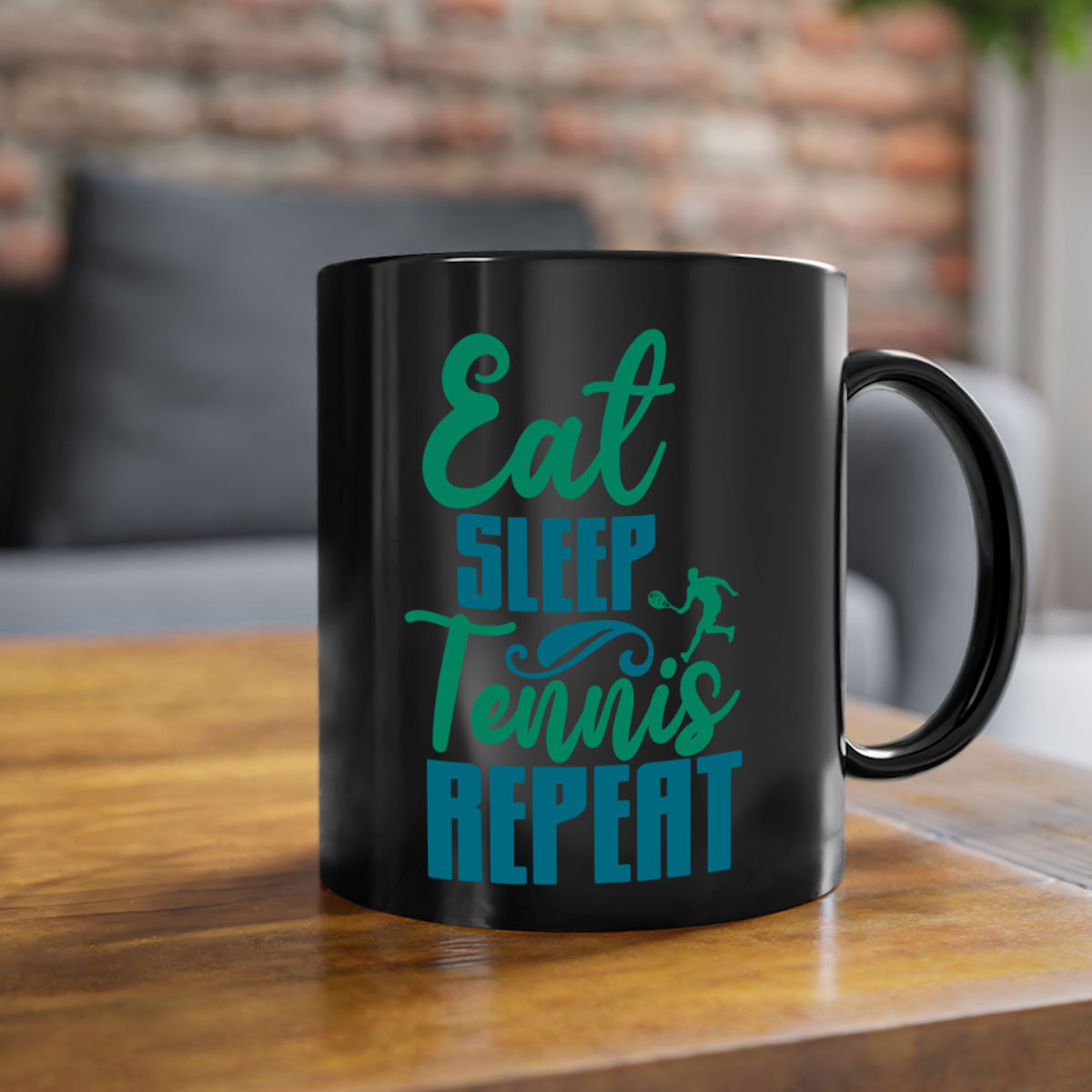 Eat Sleep Tennis Repeat Mug with colored handle and glossy finish, available in multiple colors and sizes.