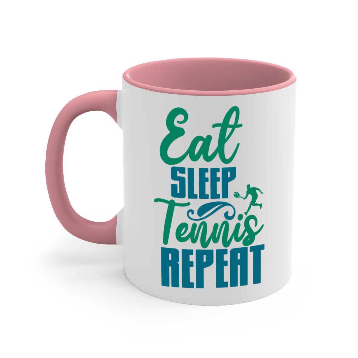 Eat Sleep Tennis Repeat Mug with colored handle and glossy finish, available in multiple colors and sizes.