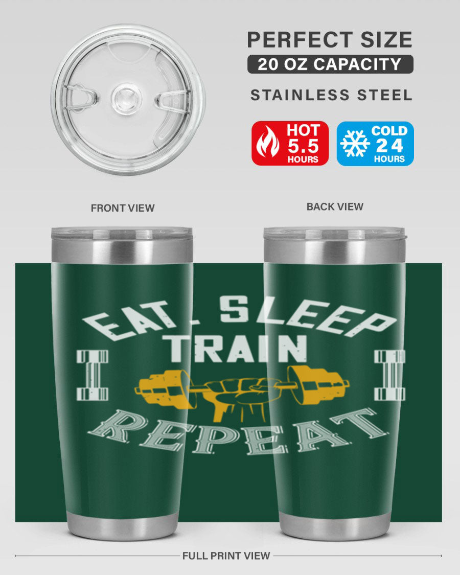 Eat Sleep Train Rapid 56# Gym Tumbler in stainless steel with a drink-thru lid, showcasing its sleek design and double wall insulation.