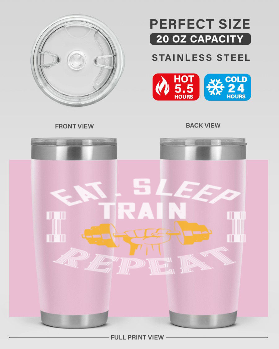 Eat Sleep Train Rapid 56# Gym Tumbler in stainless steel with a drink-thru lid, showcasing its sleek design and double wall insulation.