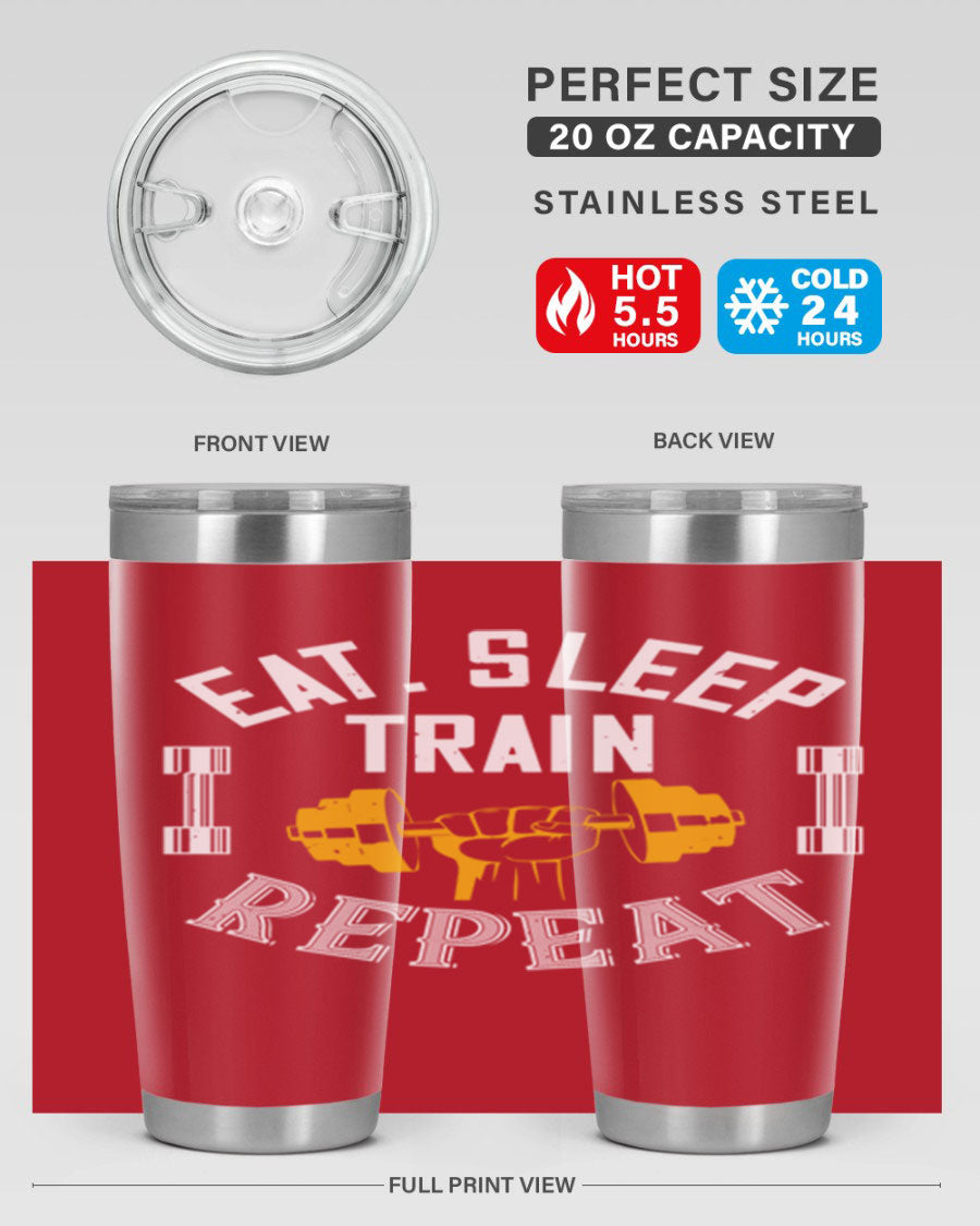Eat Sleep Train Rapid 56# Gym Tumbler in stainless steel with a drink-thru lid, showcasing its sleek design and double wall insulation.