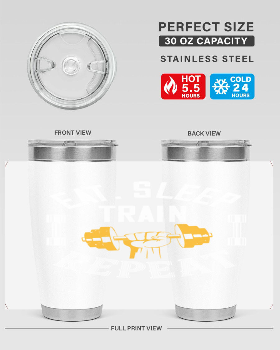 Eat Sleep Train Rapid 56# Gym Tumbler in stainless steel with a drink-thru lid, showcasing its sleek design and double wall insulation.