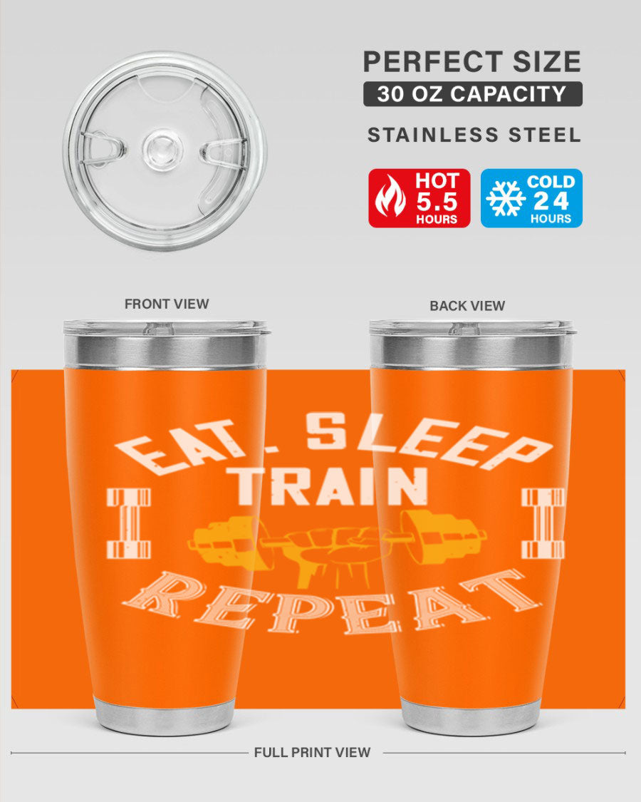 Eat Sleep Train Rapid 56# Gym Tumbler in stainless steel with a drink-thru lid, showcasing its sleek design and double wall insulation.