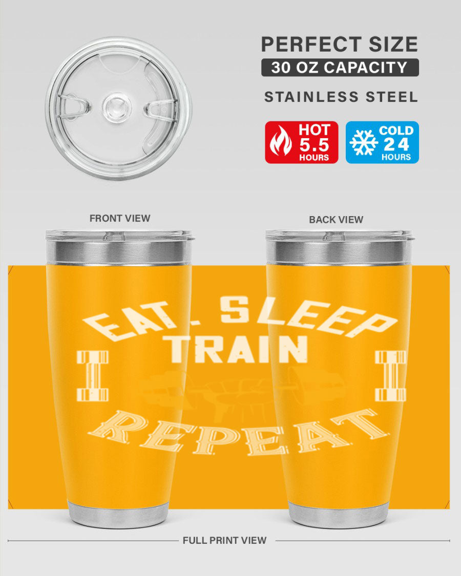 Eat Sleep Train Rapid 56# Gym Tumbler in stainless steel with a drink-thru lid, showcasing its sleek design and double wall insulation.