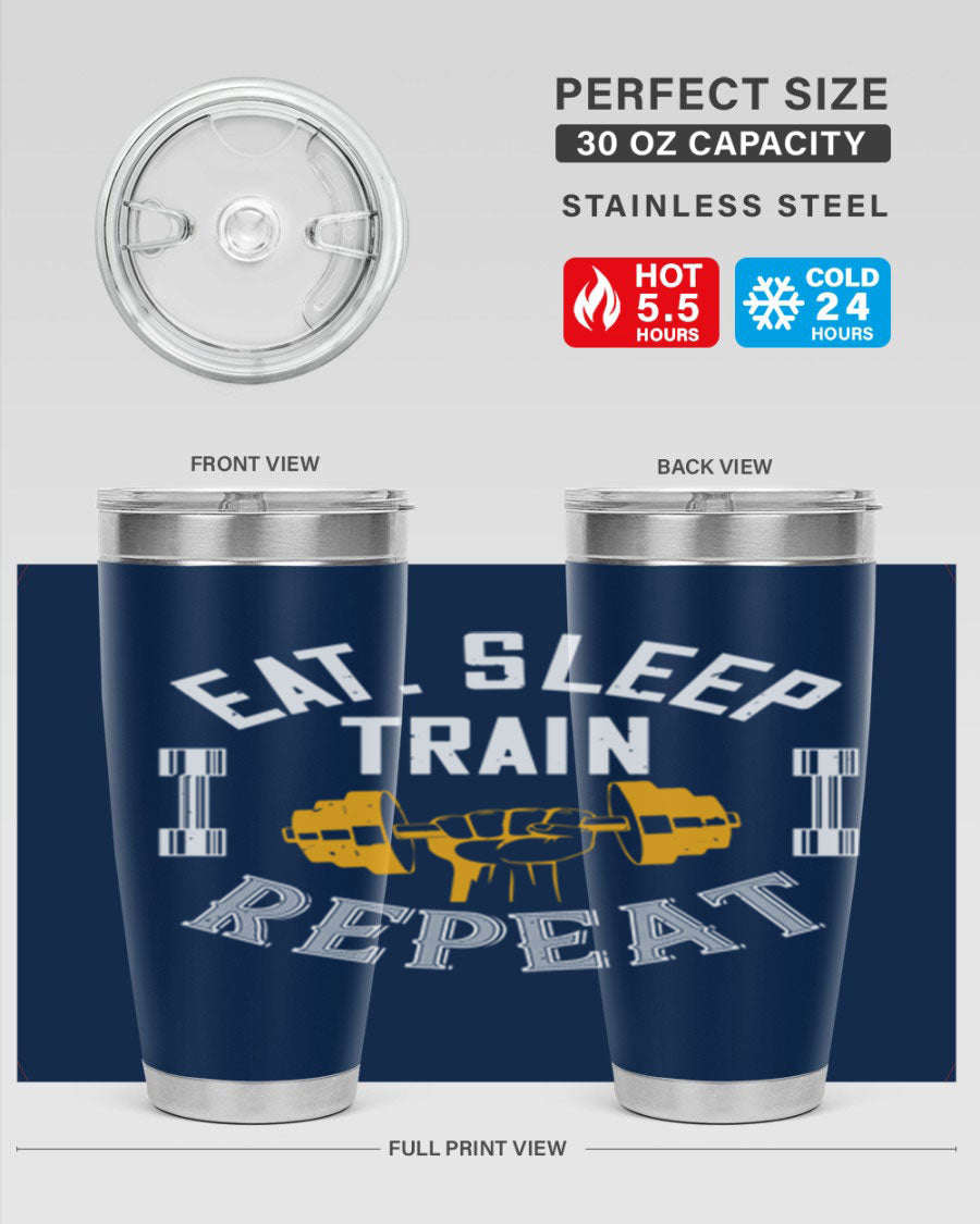Eat Sleep Train Rapid 56# Gym Tumbler in stainless steel with a drink-thru lid, showcasing its sleek design and double wall insulation.
