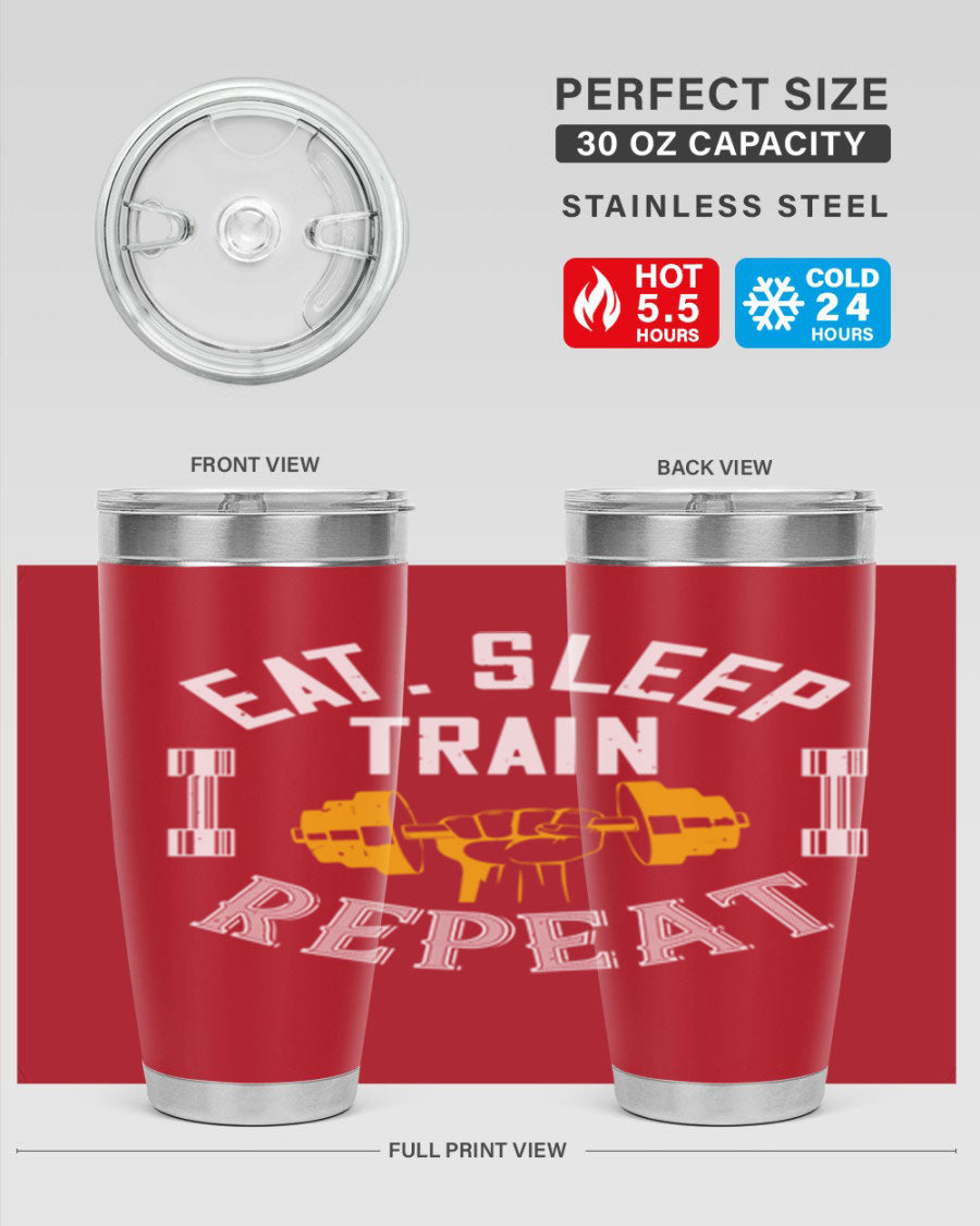 Eat Sleep Train Rapid 56# Gym Tumbler in stainless steel with a drink-thru lid, showcasing its sleek design and double wall insulation.