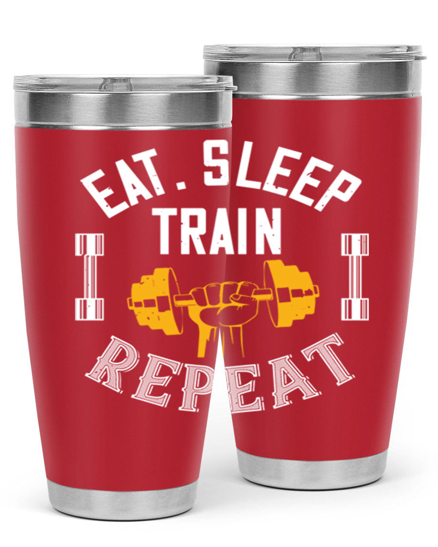 Eat Sleep Train Rapid 56# Gym Tumbler in stainless steel with a drink-thru lid, showcasing its sleek design and double wall insulation.