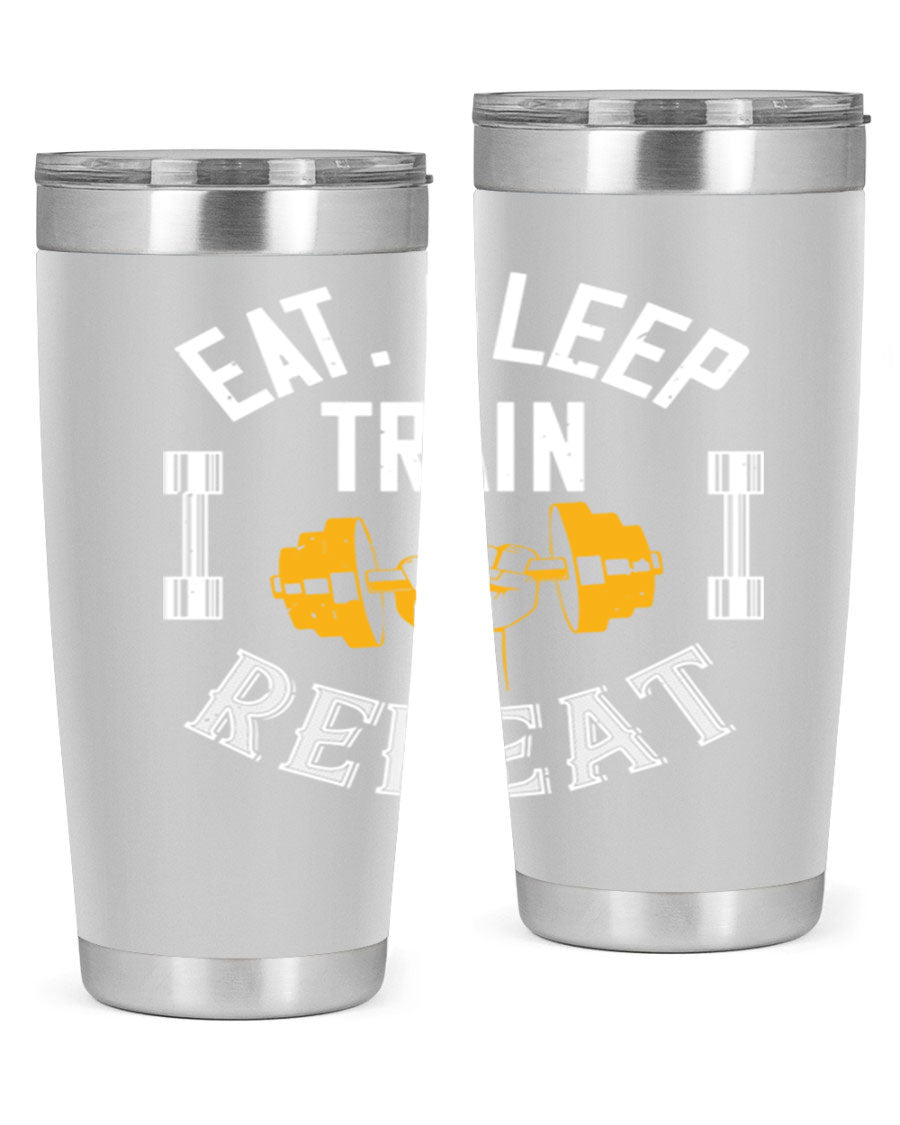 Eat Sleep Train Rapid 56# Gym Tumbler in stainless steel with a drink-thru lid, showcasing its sleek design and double wall insulation.