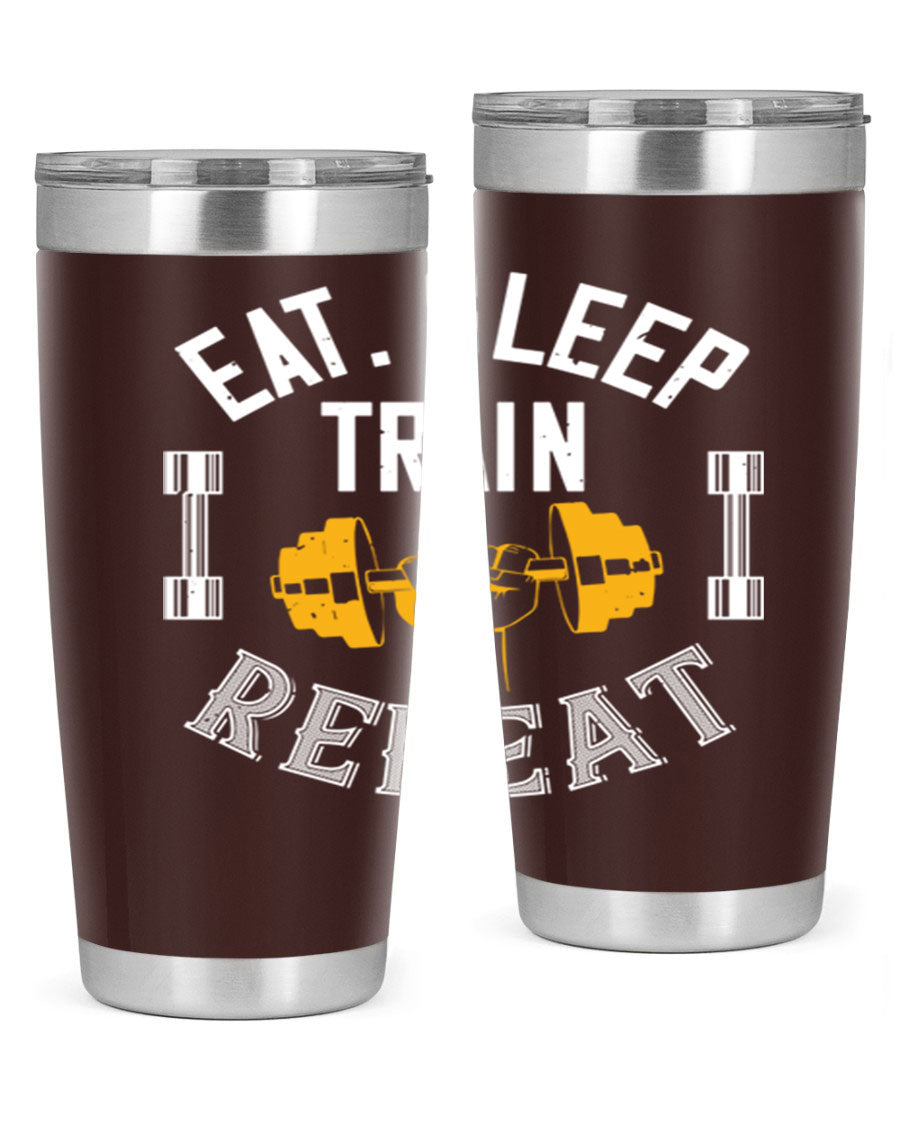 Eat Sleep Train Rapid 56# Gym Tumbler in stainless steel with a drink-thru lid, showcasing its sleek design and double wall insulation.