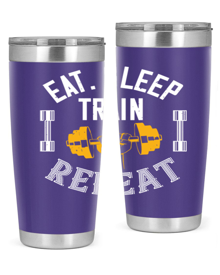 Eat Sleep Train Rapid 56# Gym Tumbler in stainless steel with a drink-thru lid, showcasing its sleek design and double wall insulation.